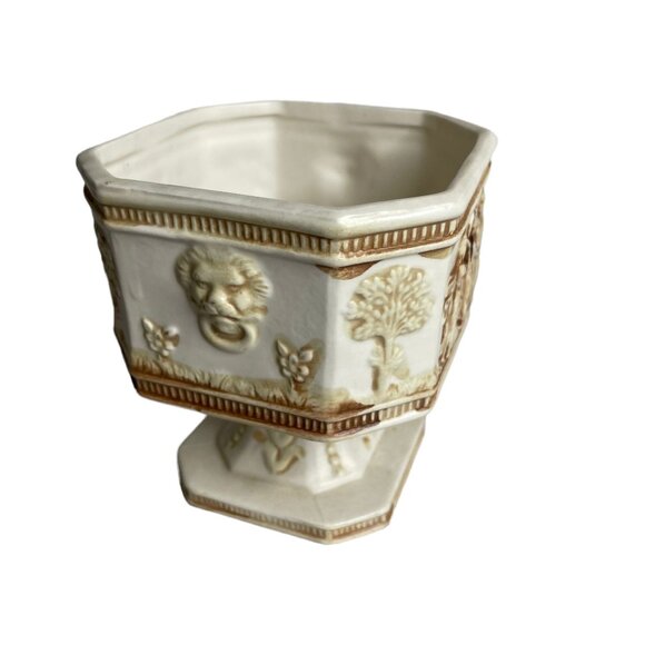 Vintage Norleans Ceramic Octagonal Planter Compote Lion Tree Relief Japan Footed - Picture 2 of 8